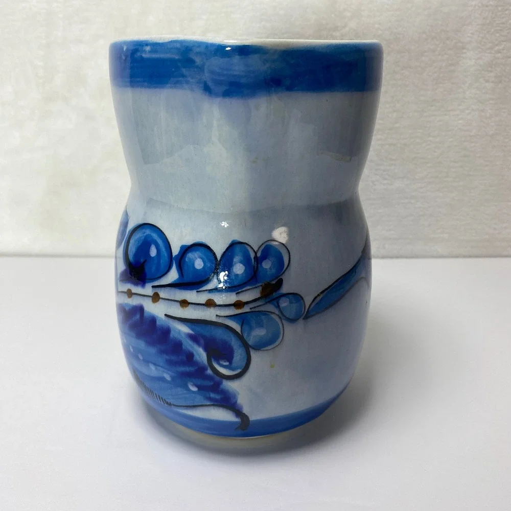 VTG Hand Painted Signed Tonala Mexican Folk Art Ceramic Pitcher Vase Blue Floral